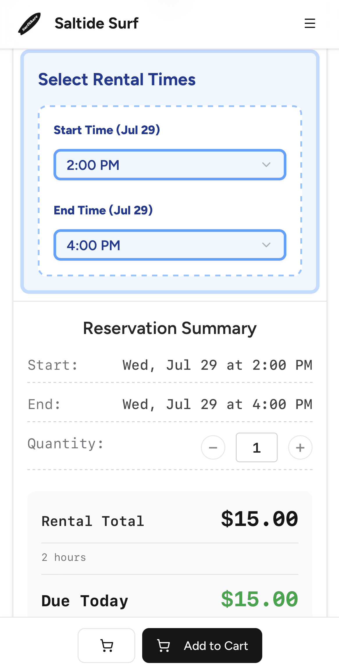 Customer selecting rental times on mobile