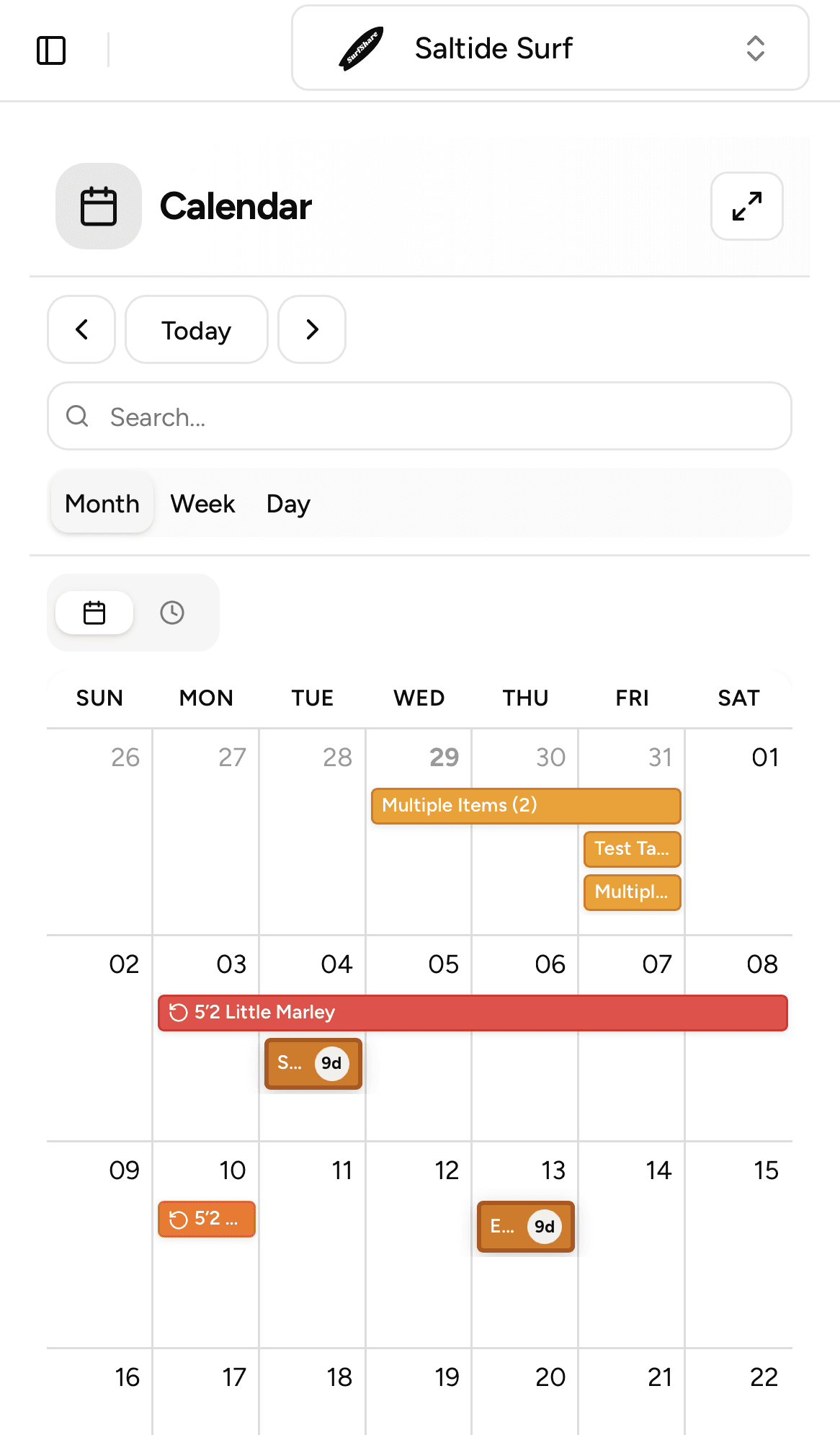 Shop calendar dashboard with live bookings