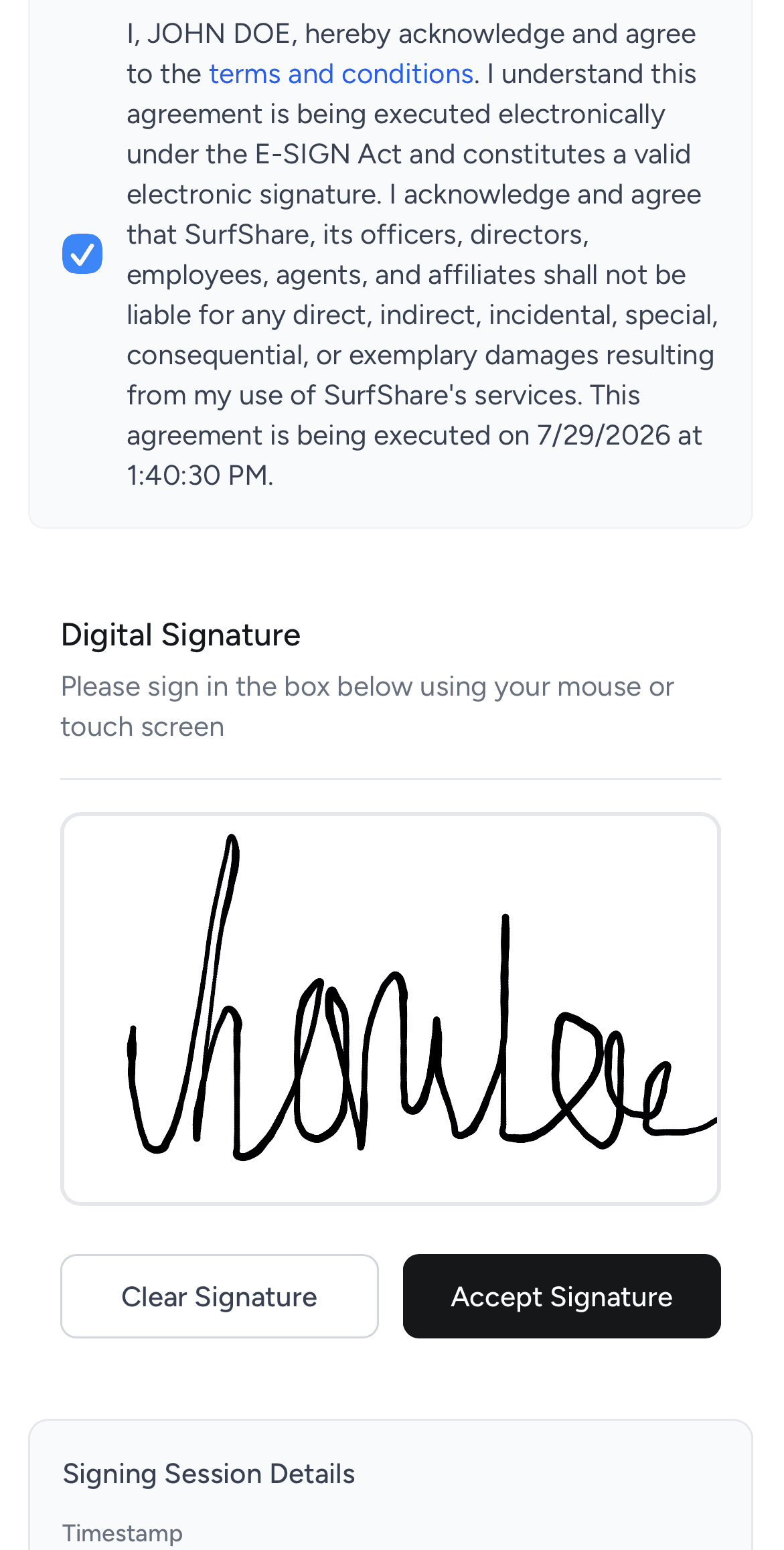 Customer signing a digital rental waiver